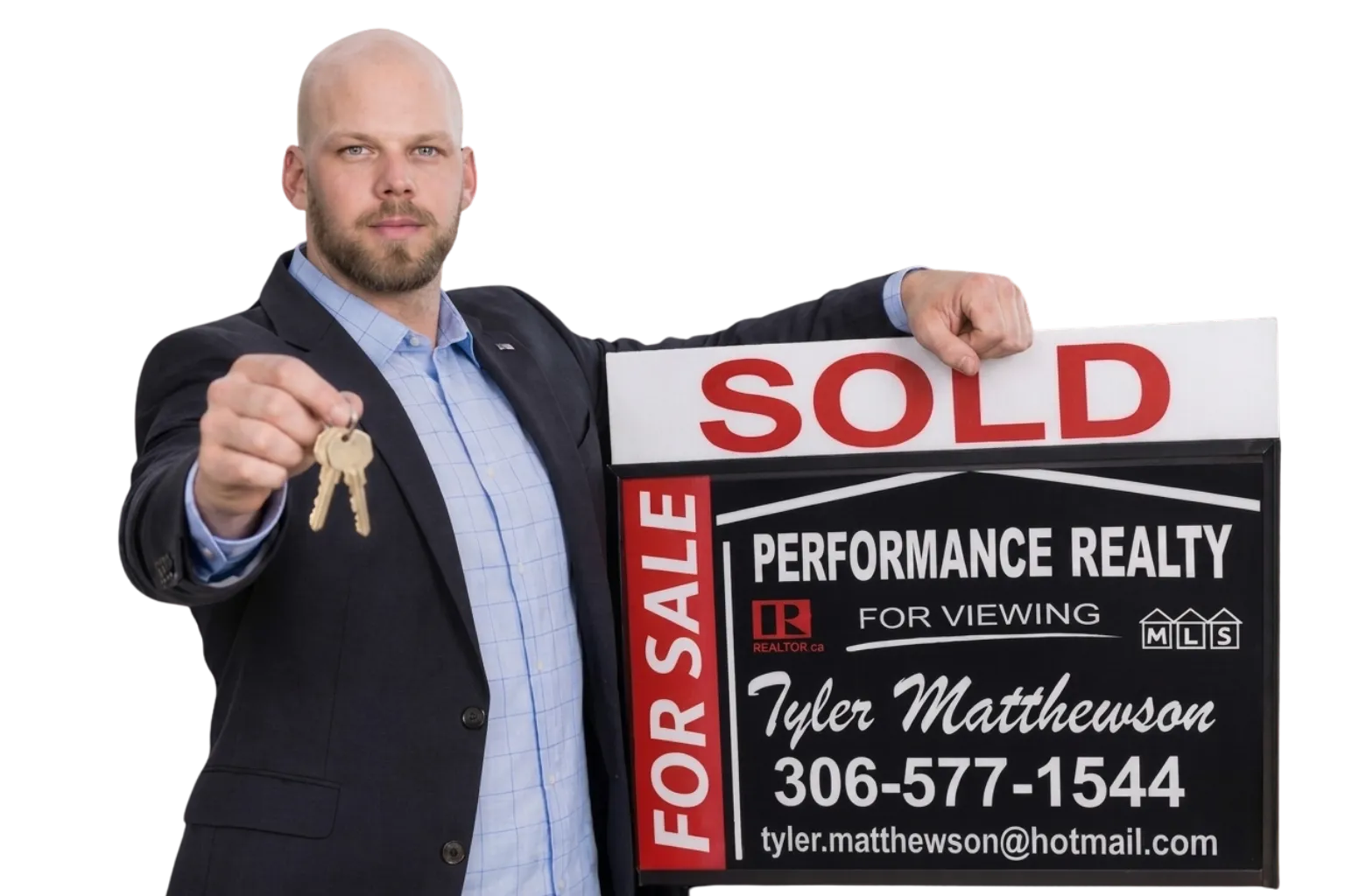 Tyler Matthewson holding a Performance Realty sold sign
